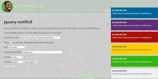 jQuery Notific8 - Notifications introduced in Windows 8