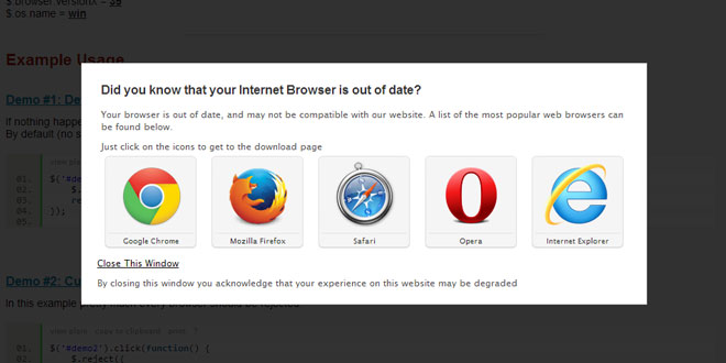 jReject - Display a popup based on a the browser