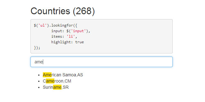 jquery.lookingfor - Fast search as you type