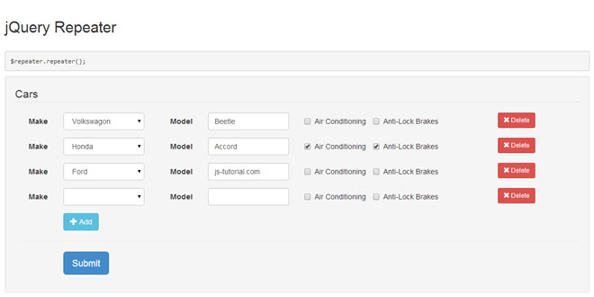 jQuery Repeater - Create a repeatable group of input elements