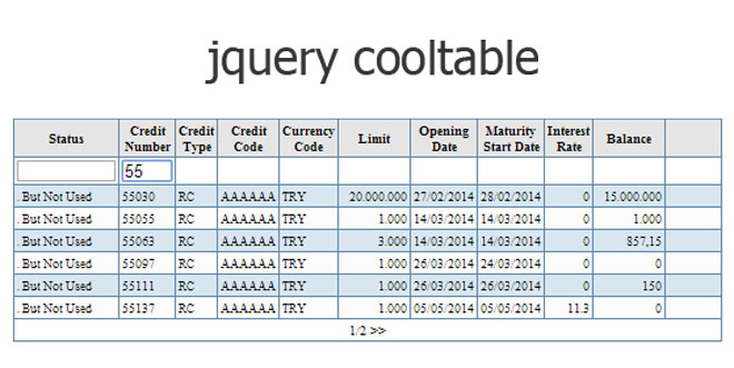 jQuery Cooltable - Creating tables with sorting, filtering