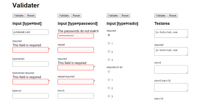 Validator - JQuery validation plugin for forms