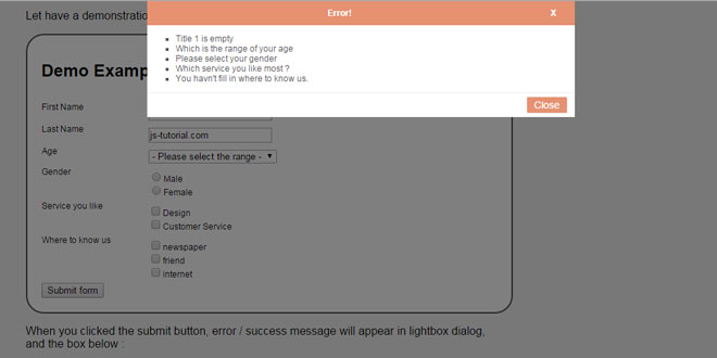 Validation with lightbox
